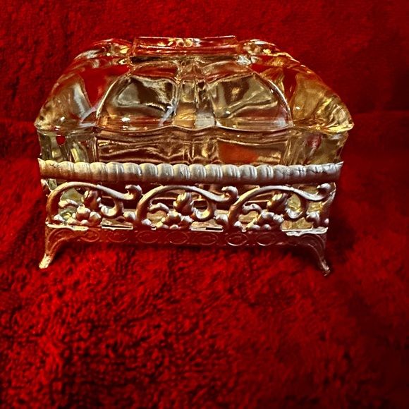 None Other - Vintage Vanity Heavy Glass Floral Filigree Footed Trinket Box